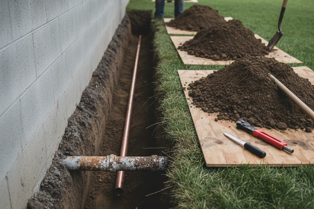 Excavated water line trench during Water Softener Installation in Alamosa